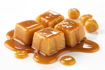 Artfully arranged chewy caramel confections with a rich, glossy caramel sauce cascading over them.