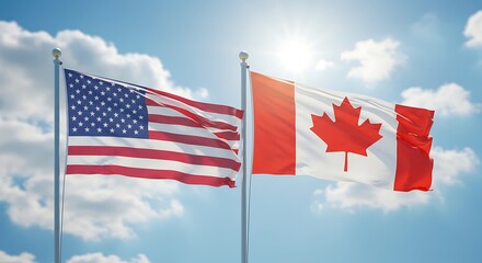 Waving Flags of United States and Canada on Sunny Blue Sky