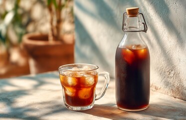 Cold brew Glass bottle and glass of cola with ice cubes on table outdoors