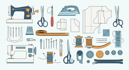 Collection of sewing tools and equipment illustrating the craft of garment creation and apparel manufacturing