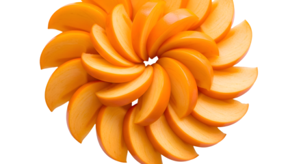 Sliced Persimmon Arranges in Spiral Pattern on Transparent Background, Fresh Fruit Still Life