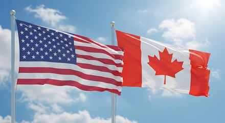 Waving United States and Canadian Flags on Bright Blue Sky Background