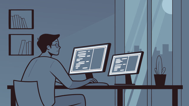Flat vector of a programmer coding on a dual monitor setup at night in vector illustration.