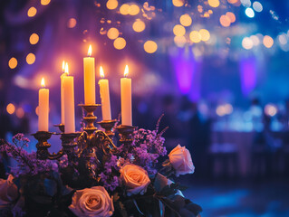 A close-up of a candelabra with lit white candles next to a bouquet of pink and white flowers, all set against a blurry purple background with bokeh lights.