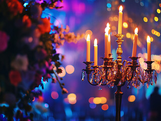 A close-up of a candelabra with lit white candles next to a bouquet of pink and white flowers, all set against a blurry purple background with bokeh lights.