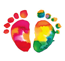Huellas de pies de beb&eacute; en acuarela arco&iacute;ris &ndash; arte infantil colorido