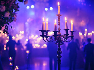 A close-up of a candelabra with lit white candles next to a bouquet of pink and white flowers, all set against a blurry purple background with bokeh lights.