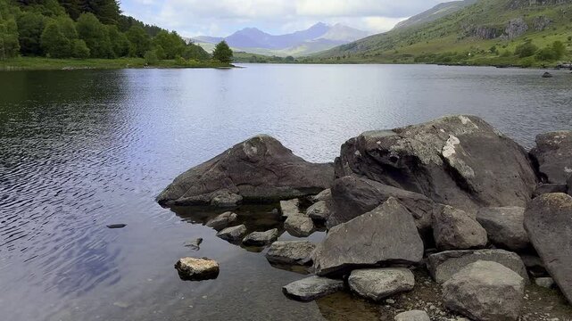 A view looking along Llynnau Mymbyr, Capel Curig, Conwy, Wales