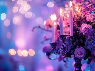 A close-up of a candelabra with lit white candles next to a bouquet of pink and white flowers, all set against a blurry purple background with bokeh lights.