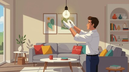 Man changing light bulb, replacement in modern living room, relaxed confident expression. Concept of man changing light bulb, bright airy space with cozy decor.