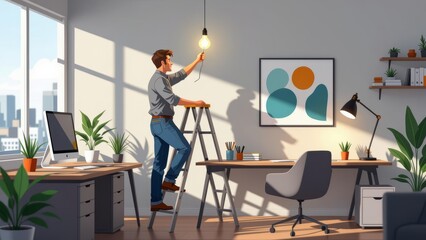 Man changing light bulb, replacement in office setting. Concept of man changing light bulb in bright room, cityscape view, creating atmosphere of positivity and productivity.