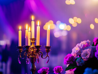 A close-up of a candelabra with lit white candles next to a bouquet of pink and white flowers, all set against a blurry purple background with bokeh lights.