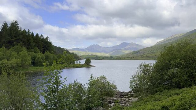 A view looking along Llynnau Mymbyr, Capel Curig, Conwy, Wales