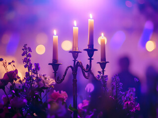A close-up of a candelabra with lit white candles next to a bouquet of pink and white flowers, all set against a blurry purple background with bokeh lights.
