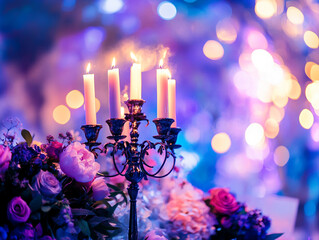 A close-up of a candelabra with lit white candles next to a bouquet of pink and white flowers, all set against a blurry purple background with bokeh lights.
