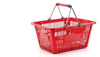 Fototapeta premium A vibrant red shopping basket isolated on a white background, perfect for illustrating retail, grocery shopping, and consumerism concepts.