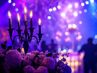 A close-up of a candelabra with lit white candles next to a bouquet of pink and white flowers, all set against a blurry purple background with bokeh lights.