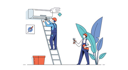 Skilled technicians meticulously install and repair a modern air conditioning unit ensuring optimal home climate control and comfort for residents