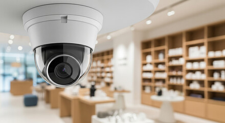 Photo of a modern white dome security camera is mounted on a ceiling, overlooking a retail store with shelves and displays
