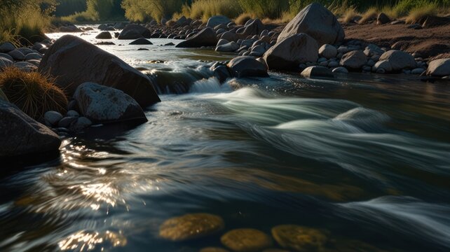 A serene river flows swiftly through a rocky landscape, illuminated by sunlight