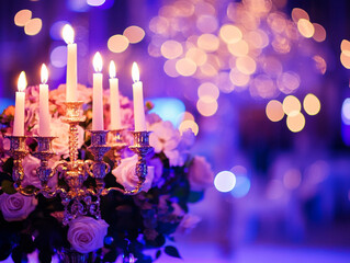 A close-up of a candelabra with lit white candles next to a bouquet of pink and white flowers, all set against a blurry purple background with bokeh lights.