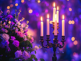 A close-up of a candelabra with lit white candles next to a bouquet of pink and white flowers, all set against a blurry purple background with bokeh lights.