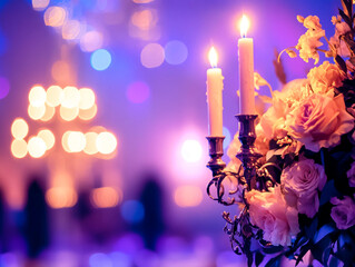 A close-up of a candelabra with lit white candles next to a bouquet of pink and white flowers, all set against a blurry purple background with bokeh lights.