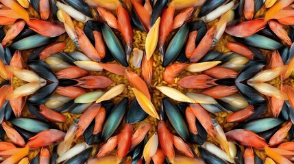 A vibrant, symmetrical pattern of colorful seashells and rice