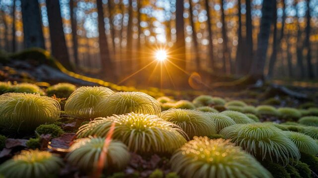 Sunset Lens Flare Over Fairy Moss in a Deciduous Forest