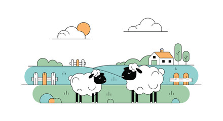 Charming farm scene with fluffy sheep under a bright sunny sky
