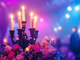 A close-up of a candelabra with lit white candles next to a bouquet of pink and white flowers, all set against a blurry purple background with bokeh lights.