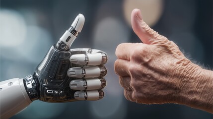 Elderly human hand and robotic hand thumbs up &ndash; futuristic AI healthcare and technology harmony