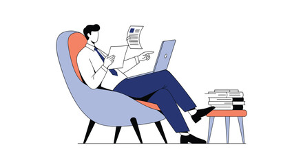 Modern professional working remotely with laptop and documents in comfortable chair while reading book stack on table