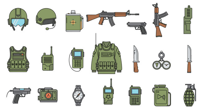 Collection of military equipment and combat gear icons featuring weapons and communication devices