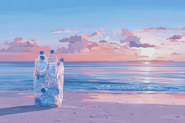 Minimalist digital illustration of a transparent bag with plastic bottles collected from the beach on a sunny day with sea and sand