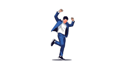 Excited businessman celebrating success with joyful dance moves and raised fists in a professional setting