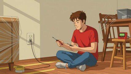 Man fixing electrical socket, safety tools scattered on floor. Concept of man fixing electrical socket, focused on ensuring safety while working with electrical components.