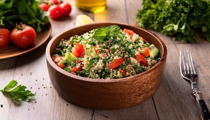 fresh tabbouleh salad with vibrant tomatoes and herbs in a rustic bowl