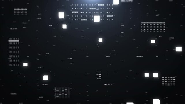Technology digital decimal random code with data transferring fly through with glow white cubic big data center 4K motion background.