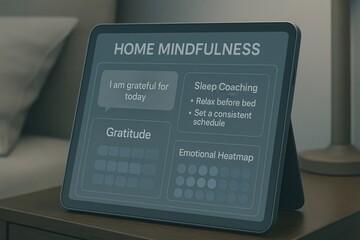 Home Mindfulness Dashboard Displaying Daily Gratitude Log, Emotional Heatmap, and Sleep Coaching Tips on Digital Tablet
