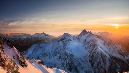 majestic snowy mountain sunset panorama use for travel adventure winter holidays landscape photography serene ethereal glow ideal for scenic backgrounds