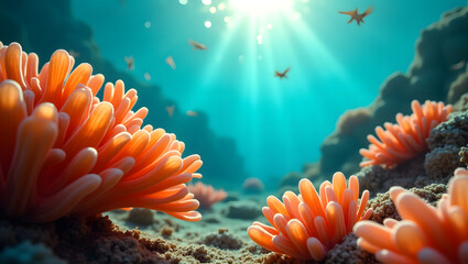 Vibrant Abstract Underwater Coral Landscape with Sunlight and Turquoise Water