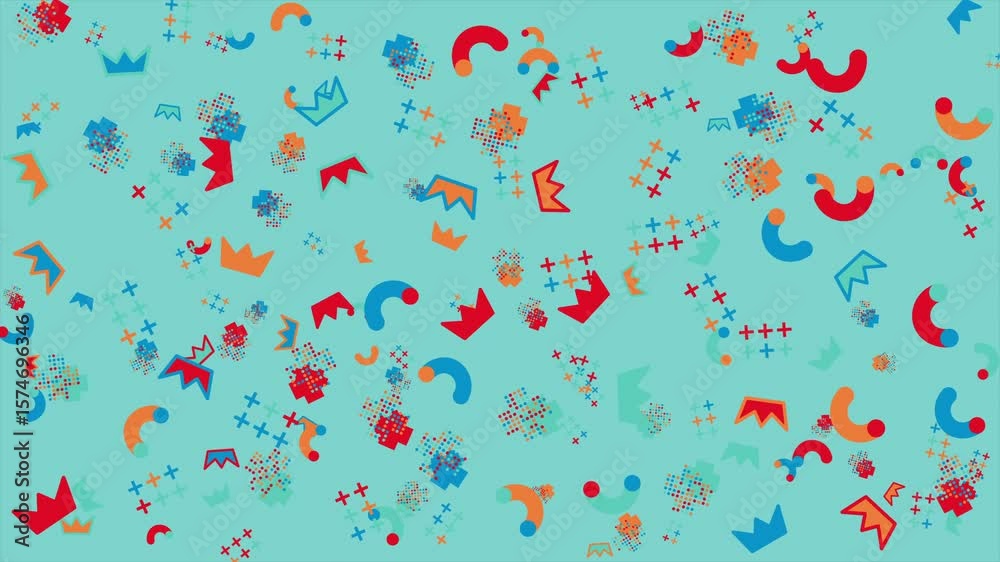 Wall mural Teal background with colorful abstract shapes. Abstract seamless memphis loop video background.