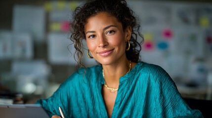 Confident Woman in Teal: A portrait of a smiling woman working from home or an office setting.