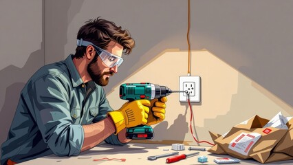 Man fixing electrical socket, safety gear including gloves, focused on task. Concept of man fixing electrical socket, illustrating home improvement and safety awareness.
