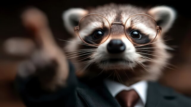 A raccoon in a suit and glasses boldly gestures with its paw embodying a humorous yet serious that reflects unique anthropomorphic qualities in a whimsical context. A dapper bandit s paw
