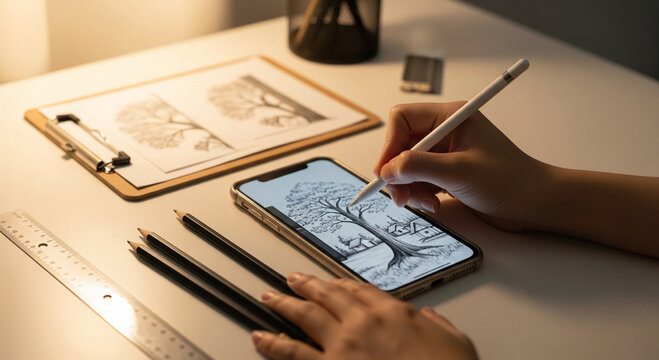 Photo of an artist uses a stylus on a smartphone to draw a detailed tree with a house, surrounded by pencils and a ruler on a desk