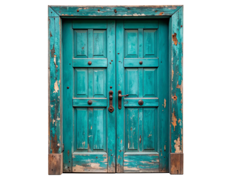 Old Weathered Wooden Door with Peeling Paint and Cracks, isolated on transparent background - Powered by Adobe