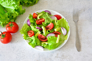 Fresh Salad on White Plate with Tomatoes and Onions