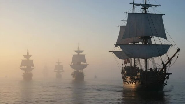 Early 18th-century Russian sailing fleet gliding across calm waters at sunrise, atmospheric cinematic view with fog and warm light, historical naval scene